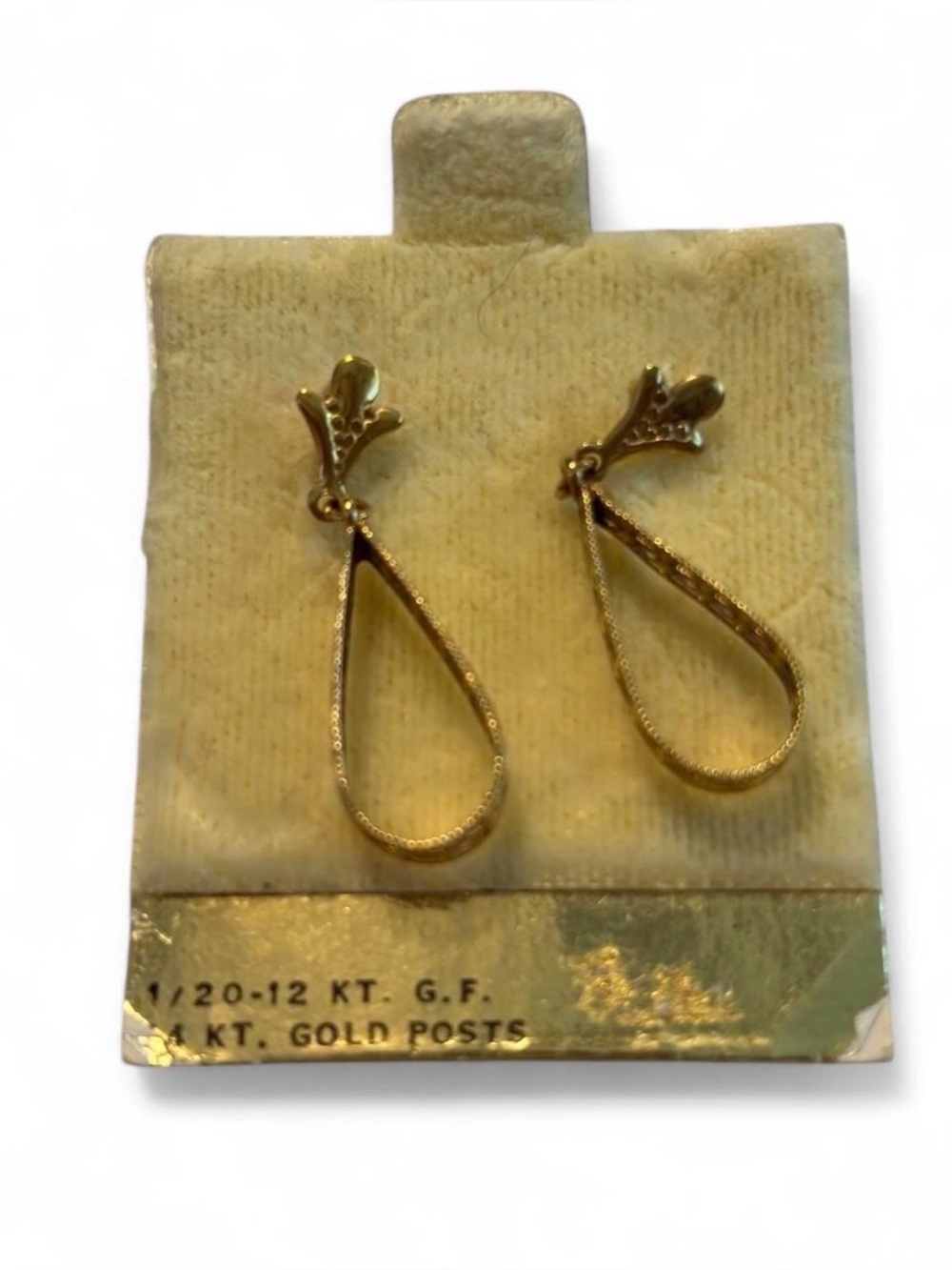 Vintage 12K Gold Filled Filigree Teardrop Earrings 14K Posts On Original Card